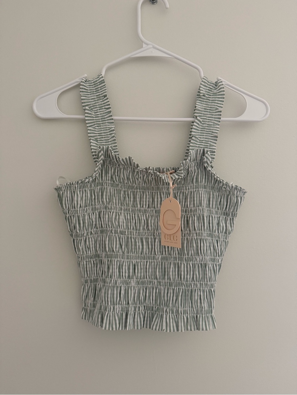Good Luck Gem Sage Green Striped Smocked Tank